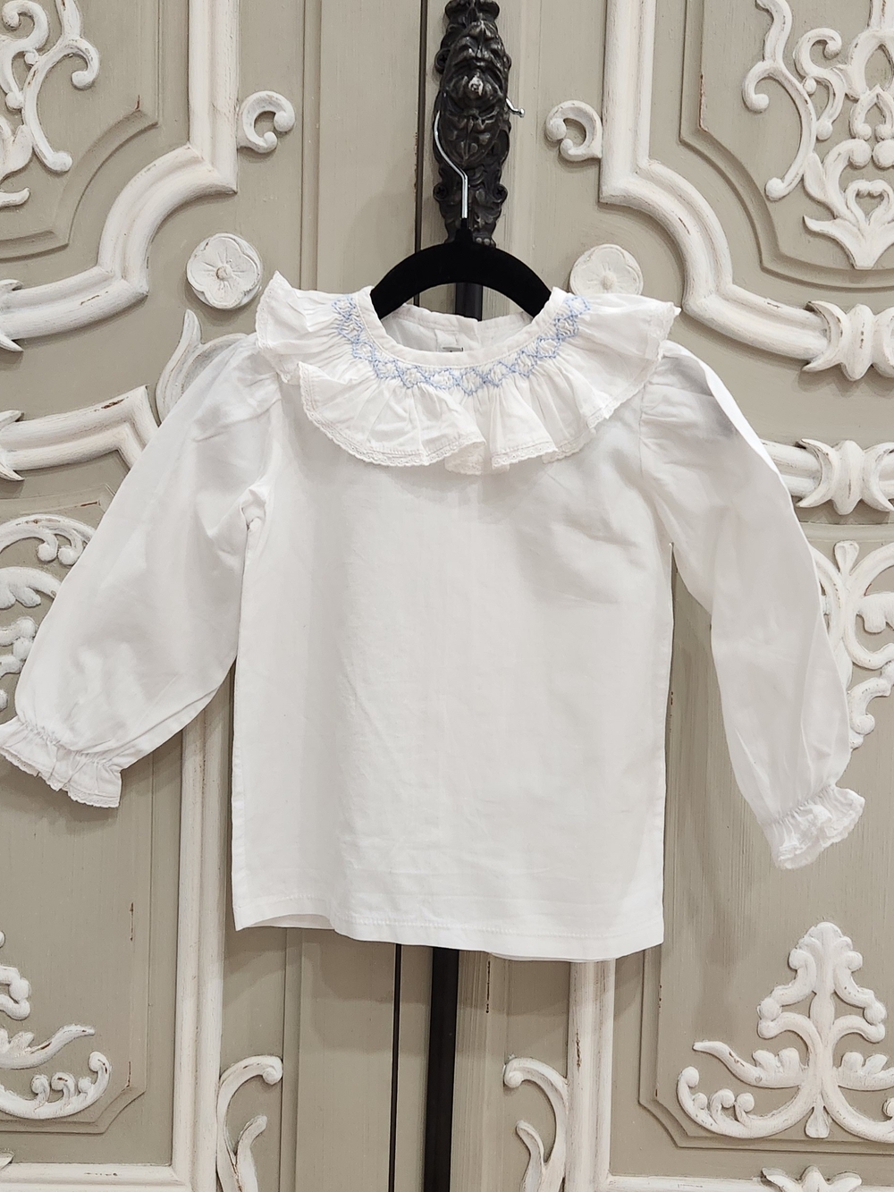Pukatuka Baby Girl White Ruffle-Collar Long Sleeve Top with Blue Smocking Size 2